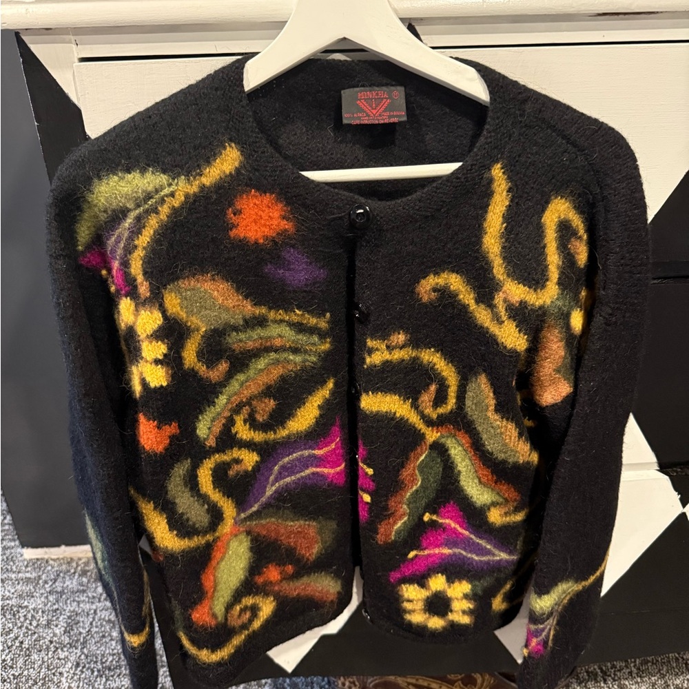 Black Cardigan with Floral Pattern. Hand knit pure alpaca wool  from Bolivia.